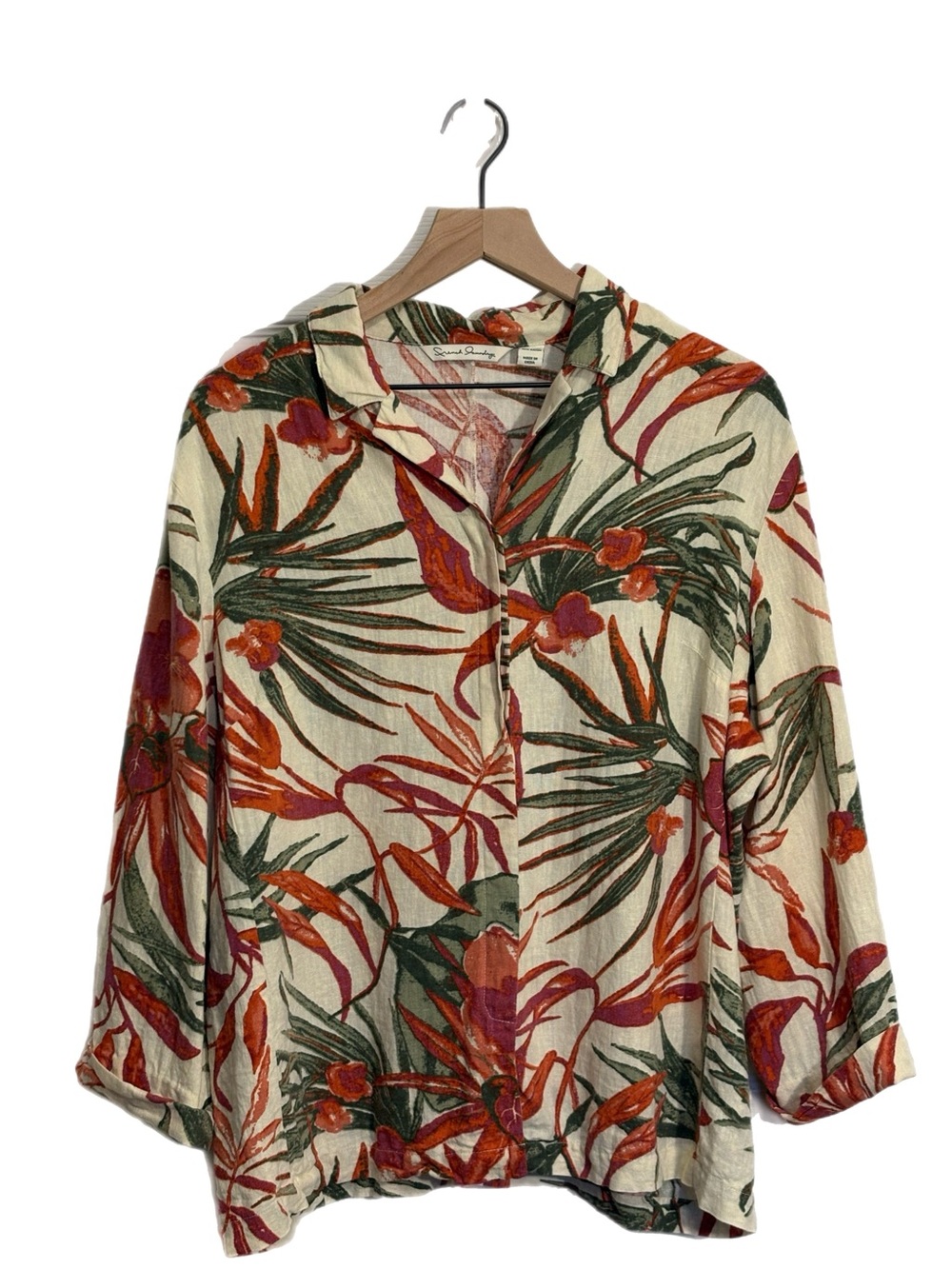 Tropical Floral Button-Up Shirt 55% Linen 45% Rayon in Cream, Green & Rust